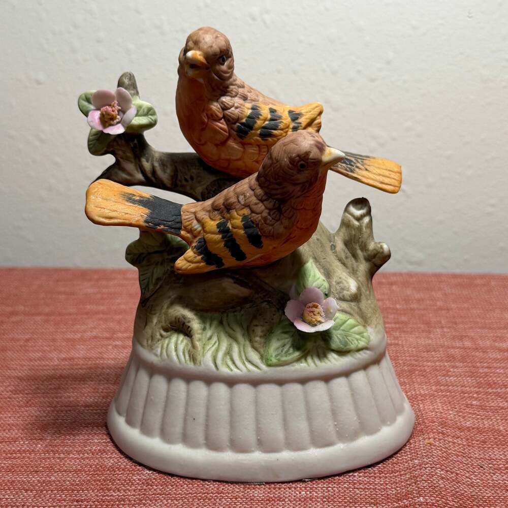 Vintage Porcelain Birds On Branch Music Box Figurine Pink Blossoms Works